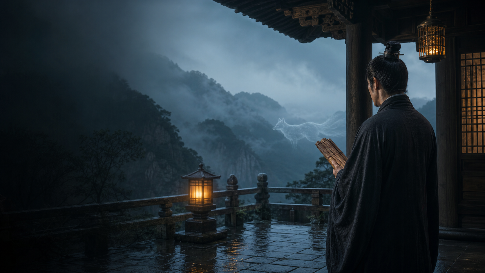 A cinematic historical scene of a Chinese scholar holding bamboo slips and encountering a white spirit fox in misty mountains